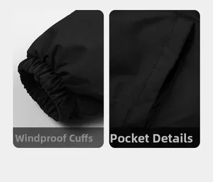 Detail view of windproof elastic cuffs and side pocket on black winter padded jacket