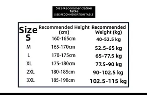 Detailed size recommendation table for winter padded jacket with height and weight guides