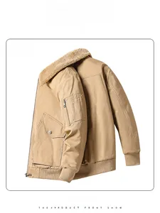 Detail view of khaki pilot jacket with lamb wool collar and ribbed cuffs on sleeve and hem