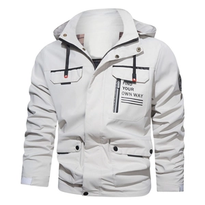 Men's casual off-white outdoor hooded jacket with multiple pockets and drawstring hood