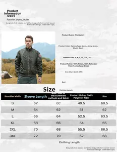 Detailed size chart for men's flight bomber jacket featuring dimensions from S to 3XL