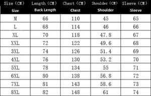 Detailed size chart for men's casual jacket covering sizes M to 8XL in centimeters