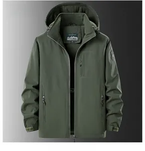 Detail view of army green outdoor hooded jacket with fleece lining and zipper pockets