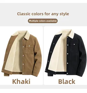 Detail view of men's corduroy jackets with sherpa lining in khaki and black colors