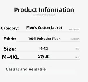 Detailed size chart and material info for men winter padded jacket in black and white text