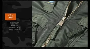Detail of smooth metal zippers and Special Forces embroidery on bomber jacket