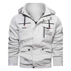 Detail of light grey hooded jacket featuring four pockets and 'FIND YOUR OWN WAY' print