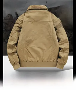 Detail view of khaki cotton work jacket back with warm fleece lining and shearling collar