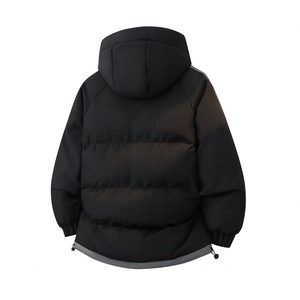 Back view of men's hooded quilted jacket showing windproof fabric and adjustable hem