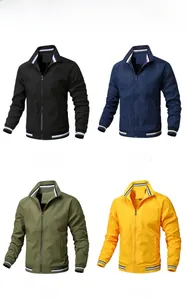 Men's casual stand collar jackets displayed in black, navy, green and yellow colors