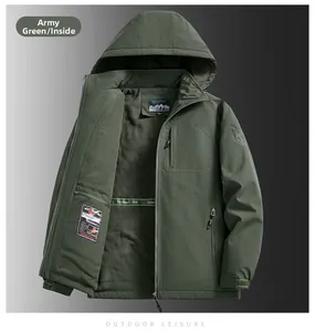 Detail view of military green fleece lining and inner mountain label on outdoor jacket