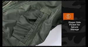 Detail view of army green bomber jacket featuring a secure metal zipper side pocket