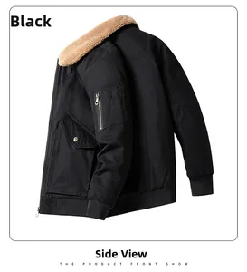 Side view of men's black utility bomber jacket with faux shearling collar and arm pocket