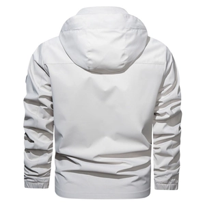 Back view of light grey outdoor hooded jacket with elastic cuffs and windproof fabric