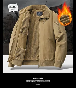 Detail of khaki men's fleece jacket featuring sherpa collar and utility sleeve pocket