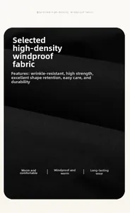 Detail of high-density windproof black fabric showing wrinkle-resistant texture for winter coat