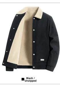 Detail of black corduroy jacket with beige fleece lining and snap button closure