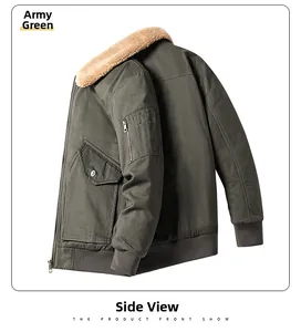 Detail of army green military jacket featuring warm fleece collar and ribbed cuffs