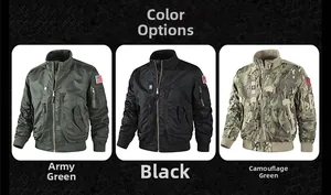 Three tactical flight jackets in army green, black, and camo with flag patches and utility pockets