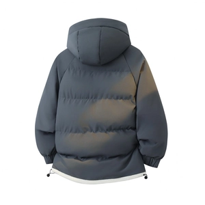 Detail of dark blue padded winter coat showing hooded design and drawstring hem adjustment