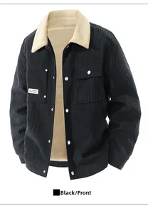 Detailed view of black corduroy jacket with soft warm fleece lining and chest pocket