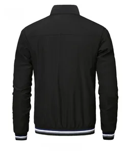 Detailed back view of a black men's casual jacket with striped ribbed cuffs and collar