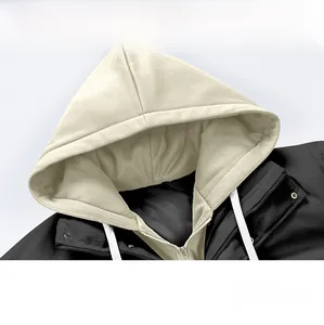 Detail shot of drawstring hood and neck structure on retro functional trend jacket