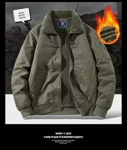 Close-up of military green fleece lined work jacket with thick lambswool collar detail