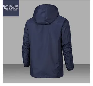Back view of a men's waterproof hooded outdoor jacket in denim blue color