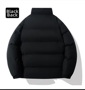 Back view of black quilted winter jacket with stand collar and elastic cuffs