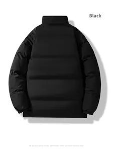 Rear view of black padded puffer jacket with stand collar and elastic cuffs