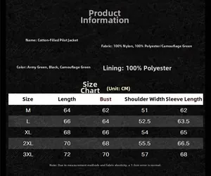 Detailed size chart for MA-1 bomber jacket featuring measurements for M to 3XL sizes