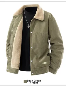 Detail of green corduroy jacket with thick lamb wool collar and button closure