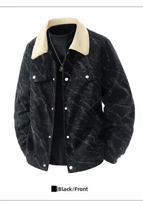 Vue avant de la veste en velours noir avec col en peau de mouton et motif marbré