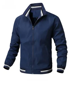 Detail of dark blue casual jacket showing striped rib-knit collar and zipper closure