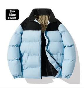 Detail of sky blue and black puffer jacket with gold quilted graphene lining