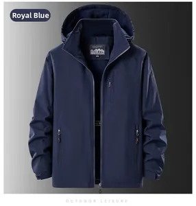 Detailed view of the royal blue waterproof outdoor jacket with zipper and hooded design