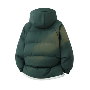 Detail showing the back of a green oversized hooded parka with wide quilted stripes