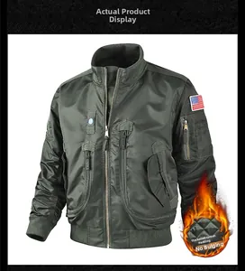 Detail of olive green flight jacket showing quilted lining and tactical pocket features