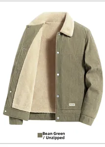 Detailed macro view of the thick corduroy texture and beige sherpa lining on a men's jacket