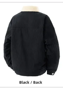 Back view of black corduroy jacket with thick sheepskin style fleece lining collar