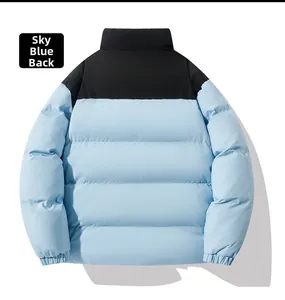 Detail view of the sky blue and black puffer jacket back showing insulated panels