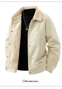 Detail of off-white corduroy jacket featuring plush shearling lining and logo patch