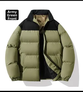 Detail view of winter puffer jacket with gold patterned lining and black shoulder contrast