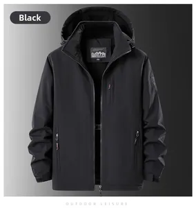 Detail of waterproof outdoor jacket with drawstring hood and secure zipper pockets