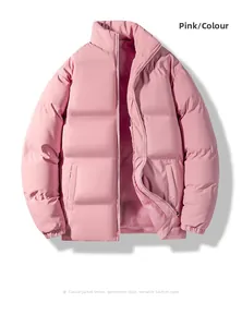 Detailed view of pink quilted puffer jacket featuring a stand collar and full zipper