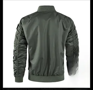 Detail of army green MA-1 bomber jacket back with ruched sleeves and ribbed trim