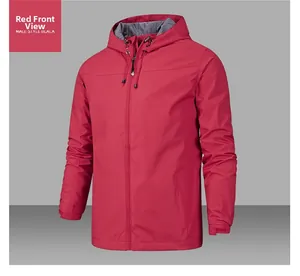 Detailed side view of a red waterproof outdoor jacket featuring a hood and adjustable cuffs