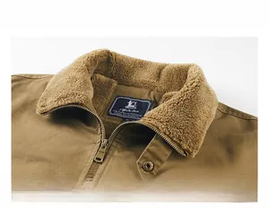 Detailed view of the khaki cotton jacket featuring thick brown faux fleece collar lining