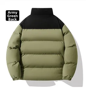 Rear view of winter puffer jacket in army green and black with quilted panels